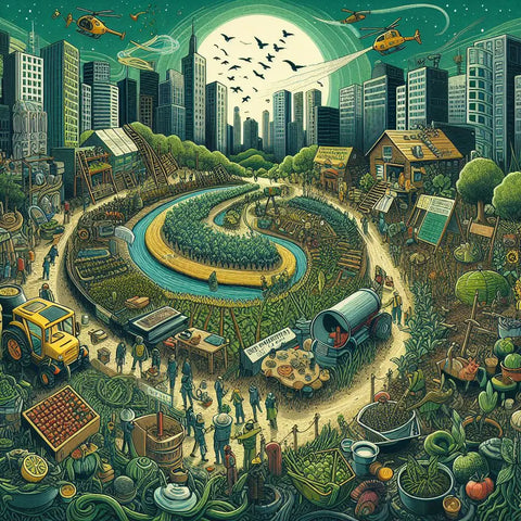 Circular urban farm in a futuristic city, surrounded by greenhouses and gardening activities.