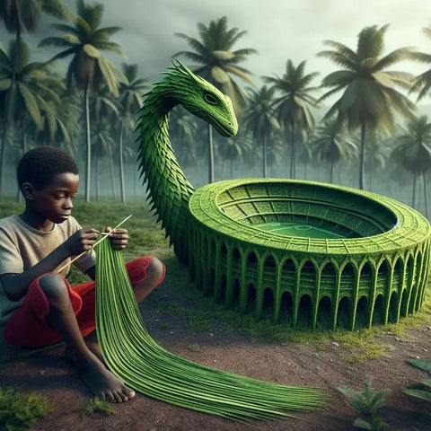 A green serpentine creature with a stadium-like body emerges from palm fronds in Nwankwo Village.