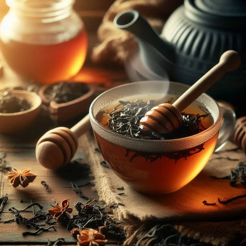 Bowl of tea with honey dipper, surrounded by loose tea leaves and spices.
