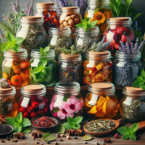 Collection of glass jars filled with colorful herbs, spices, fruits, and flowers for herbal teas.
