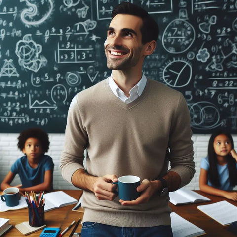 Man in beige sweater with blue mug, smiling in front of math-covered chalkboard.