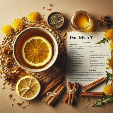 Cup of dandelion tea with lemon slice, surrounded by ingredients and recipe card for health benefits.