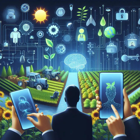 Futuristic smart farming illustration highlighting AI in natural resource management.