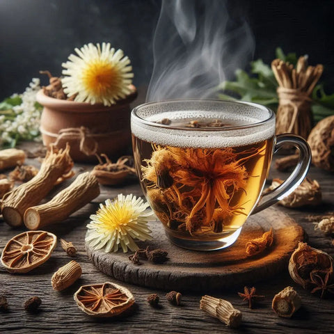 Glass cup of steaming dandelion root tea with a blooming flower inside.