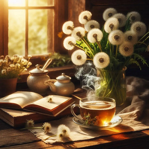 Steaming cup of tea on a wooden table with books, teapots, and dandelion puffballs.