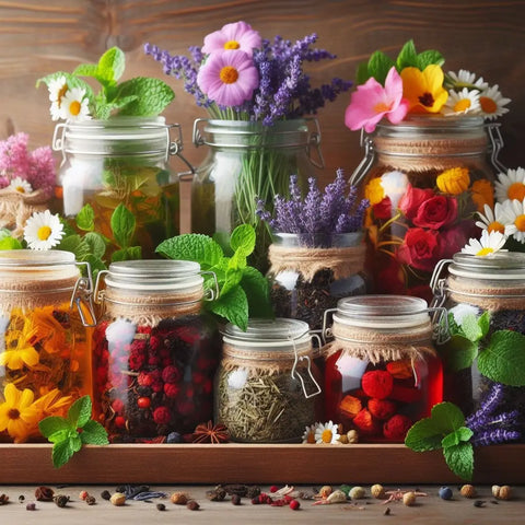 Herbs, flowers, and fruits in glass jars; perfect for top herbal teas.