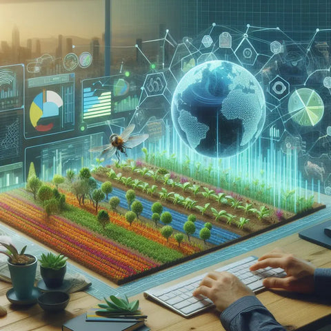 Futuristic digital farm with holographic data, showcasing permaculture principles.