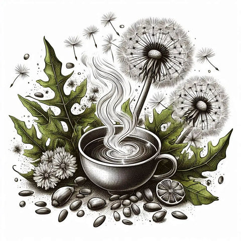 Steaming cup of coffee with dandelions, coffee beans, and leaves in a spring detox setting.