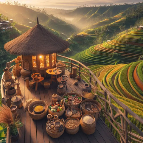 Thatched-roof gazebo with food and pottery, overlooking terraced rice fields at sunset.
