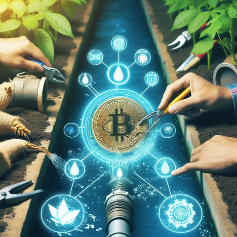 Glowing Bitcoin surrounded by holograms and plant leaves, symbolizing blockchain in agriculture.