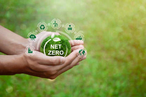 Hands holding a digital sphere labeled ’NET ZERO’ with green eco-icons illustrating sustainability.