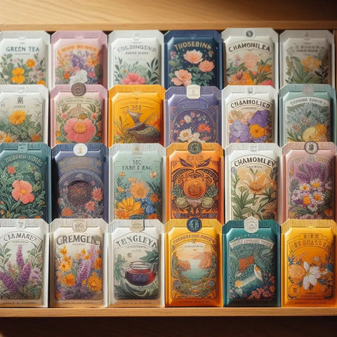 A display of colorful, vintage-style tea tins with floral and nature-inspired designs.