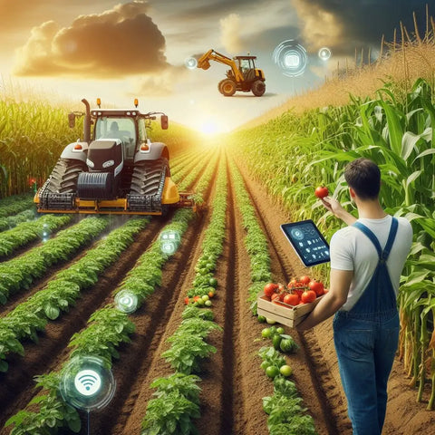 Futuristic farm merging traditional agriculture with cutting-edge tech and digital interfaces.