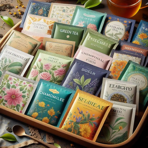 Colorful botanical tea packets in a wooden tray from ’The Rich History and Versatility of Tea’.