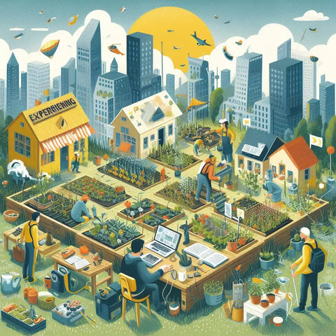 People cultivating an urban garden with a cityscape backdrop in ’The Rise of Urban Permaculture’.