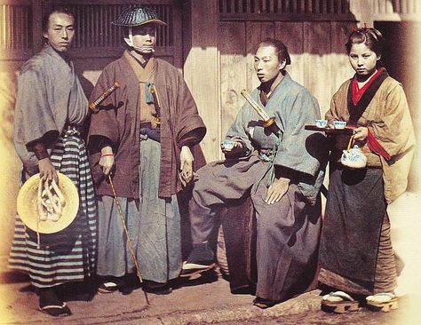 Samurai warriors gather together to drink tea