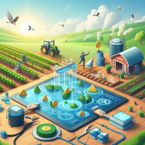 A futuristic farm blending traditional methods with digital tech, linked to water quality monitoring.