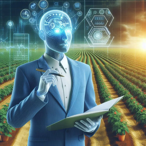 Futuristic humanoid with glowing brain and clipboard in agriculture - AI’s impact on farming.