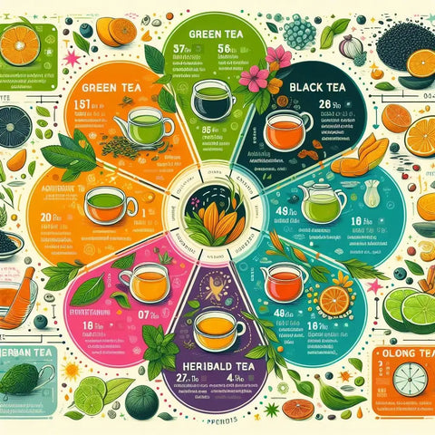 Infographic of diverse teas and their properties in a flower-like design.