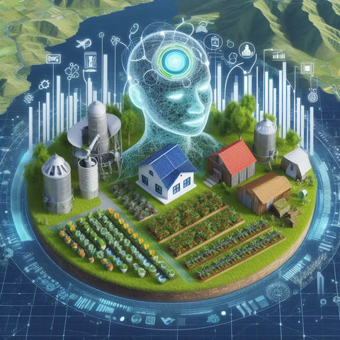 Miniature farm model with AI hologram showcasing agricultural technology and data analytics.