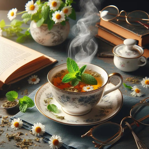 Steaming herbal tea with mint leaves and chamomile flowers in ’Are Herbal Teas Diuretics?