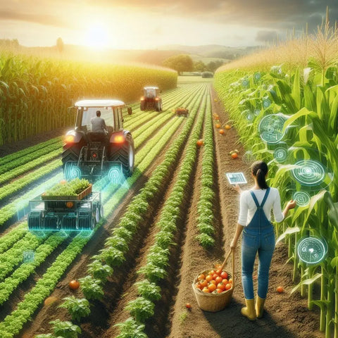 Futuristic farm with autonomous tractors and a farmer using holographic tech to monitor crops.