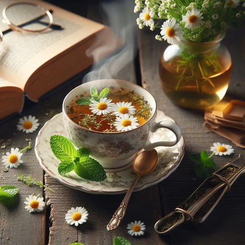 Cup of chamomile tea with fresh daisies and mint leaves on a wooden table.