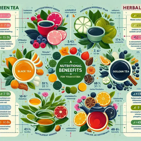 Infographic of nutritional benefits of teas with colorful tea cups, fruits, and herbs.