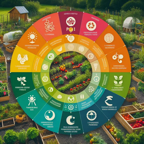 Colorful diagram of gardening and sustainable agriculture over a garden scene.