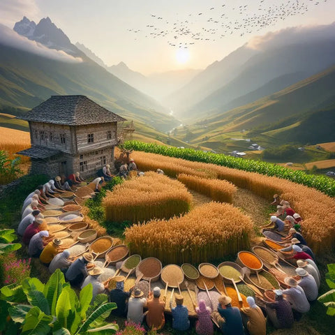 People with colorful bowls in a terraced rice field showcasing agritourism for biodiversity.