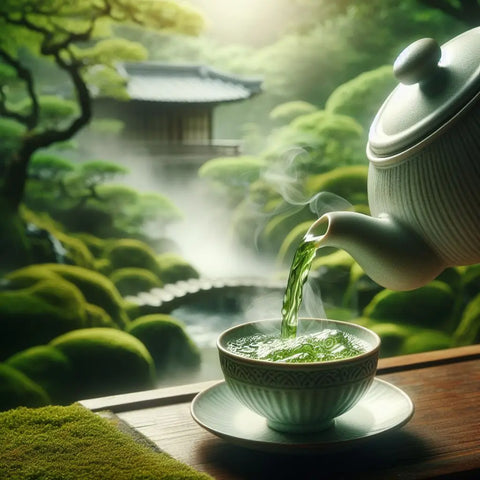 Teapot pouring green tea into a decorative bowl, perfect for enjoying Green Oolong Tea.
