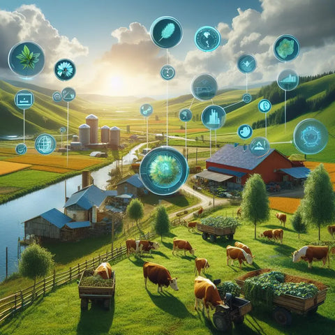 Futuristic agricultural landscape with digital tech icons above a traditional rural farm.
