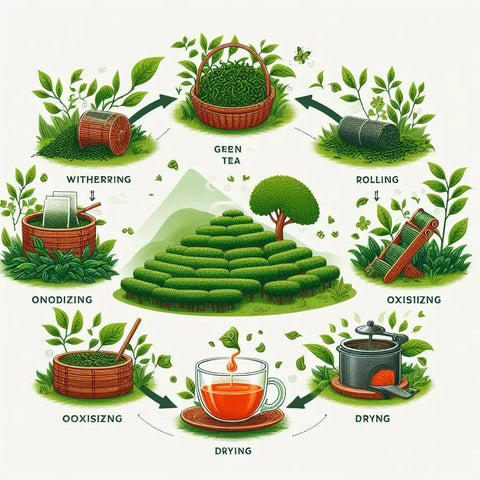 Infographic depicting the green tea production process in ’The Fascinating Process of Making Tea’.