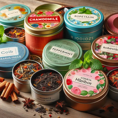 Colorful tea tins with various loose leaf teas and herbal blends in ’The Power of a Steaming Drink’.