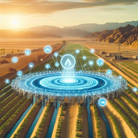 Futuristic holographic display over agricultural fields at sunset, water conservation innovation.
