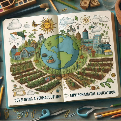 Colorful notebook illustration depicting permaculture and environmental education around Earth.