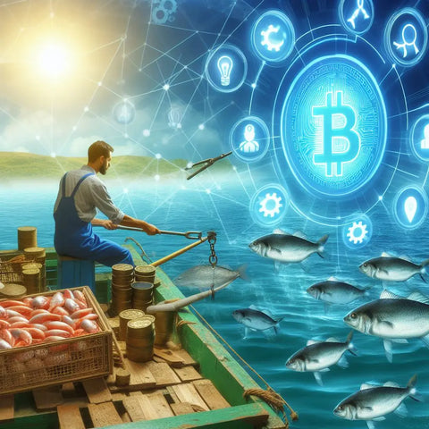 Fisherman on boat with digital cryptocurrency symbols, fish; blockchain in fishing supply chain.