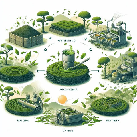 Diagram of various tea processing stages centered around a stylized tea leaf.