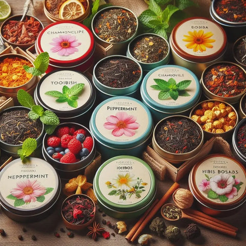 A vibrant assortment of tins with diverse teas, herbs, and spices from ’The Power of a Steaming Drink’.