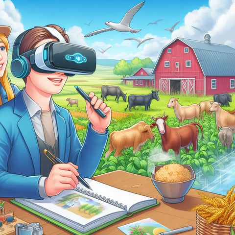 A person using a VR headset to explore a farm scene, highlighting agritourism trends.