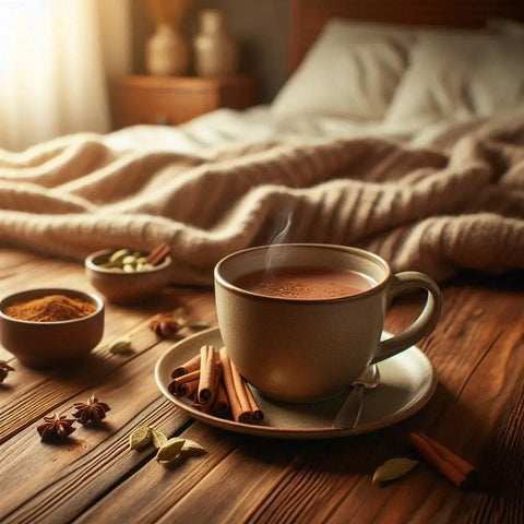 Warm cup of chai tea with spices, perfect for bedtime relaxation.