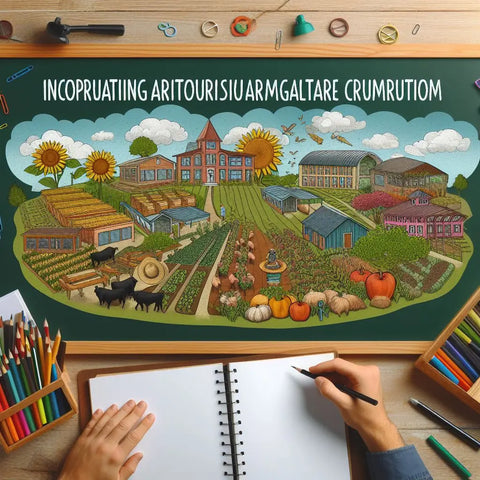 Chalkboard drawing of a rural farm with buildings, crops, and animals.