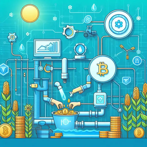 Visual of cryptocurrency mining and blockchain technology interconnected with rural water issues.
