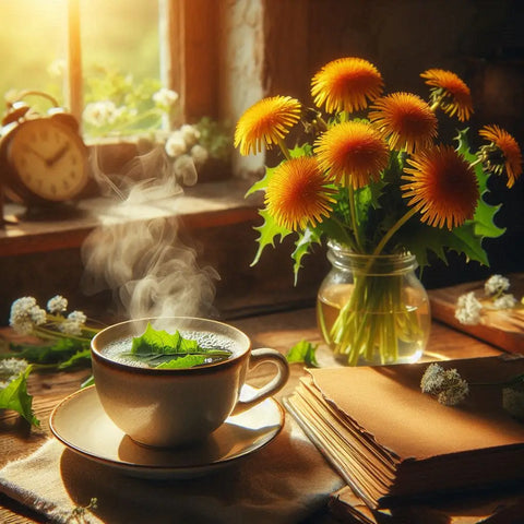 A steaming cup of dandelion tea with a fresh mint leaf garnish on top.