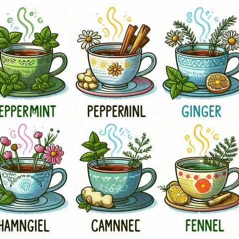 Illustrated tea cups with herbal teas and ingredients in ’Soothing Teas for Stomach Aches’.