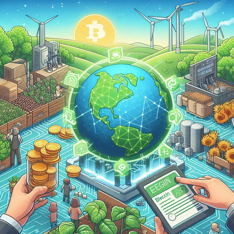 Stylized globe with symbols of tech, renewable energy, and cryptocurrency surrounding it.
