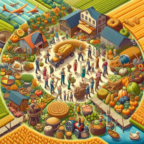 Bustling harvest festival scene with farmers, crops, and buildings in circular arrangement.