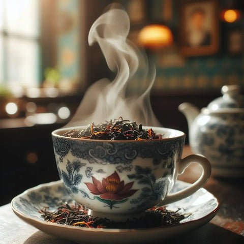 Steaming cup of gourmet tea in decorative porcelain teacup on saucer with loose tea leaves.