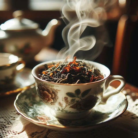 Steaming loose leaf tea in a floral china teacup and saucer from ’Exploring Gourmet Tea.’