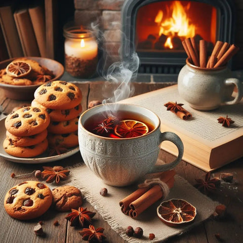 Steaming cup of spiced tea with orange slice, surrounded by cookies and seasonal spices.